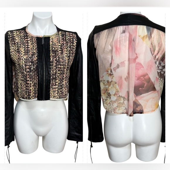 Diesel multicolor Leather Floral silk Fabric Weave Crop Zip Up Jacket - Picture 1 of 6